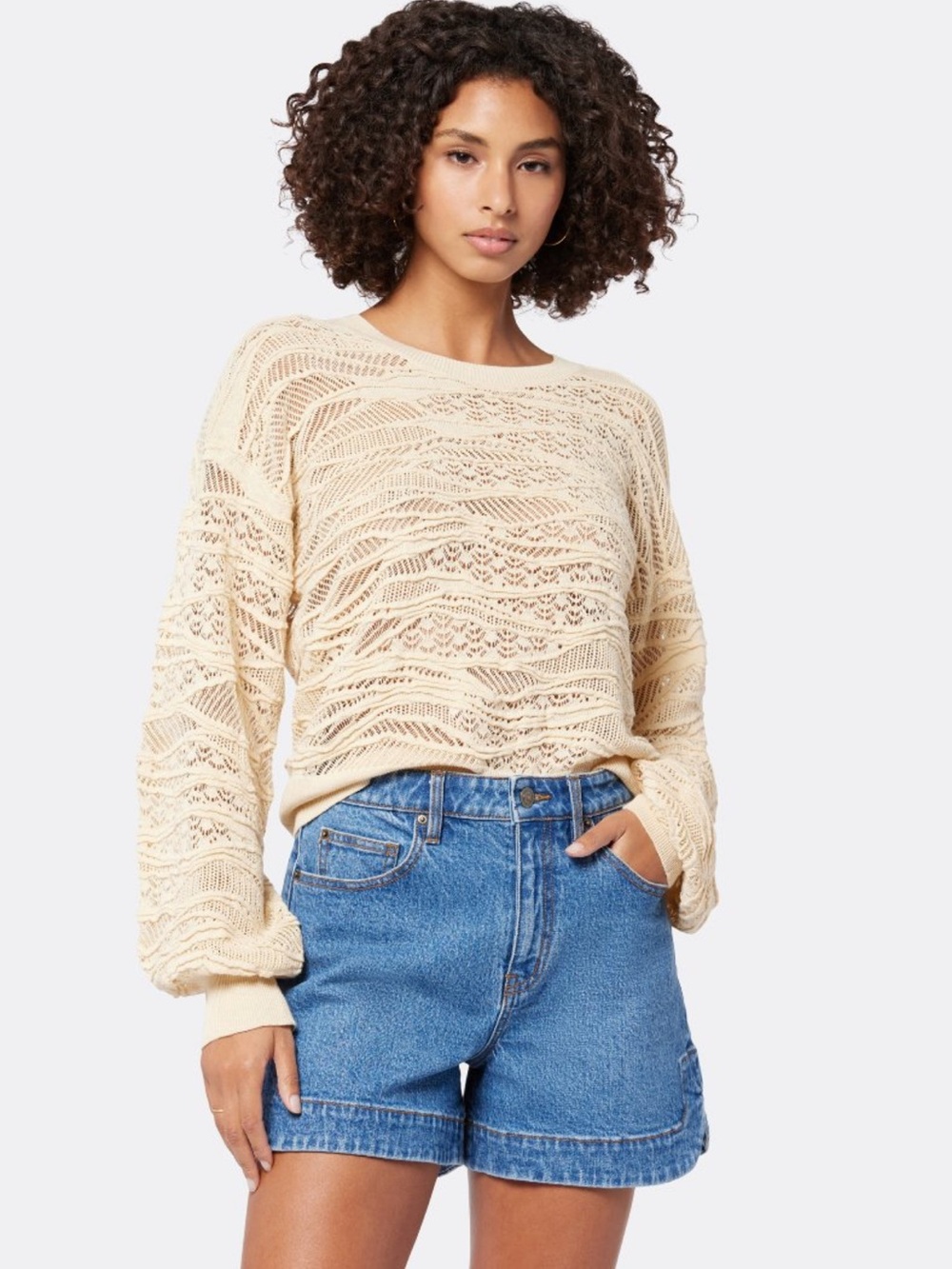 SOFT JOIE Val Crew Neck Sweater in Bleached Sand Beige Lace Textured XXS